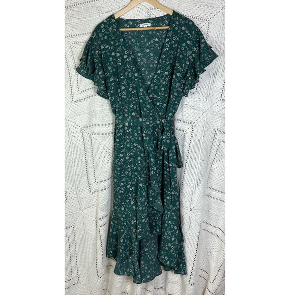 Max Studio Dress Size Large Green Crepe Ruffle Wrap Midi Short Sleeve Floral - Picture 3 of 7